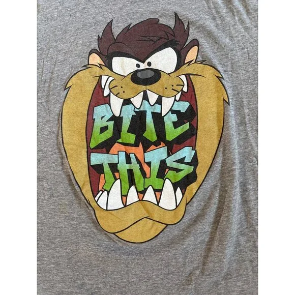 Taz T Shirt Bite This Graphic Gray Short Sleeve Shirt Large Looney Tunes - Picture 2 of 5